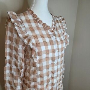 Cottagecore Gingham Ruffle Button Down Blouse Seersucker Tan and White Size S